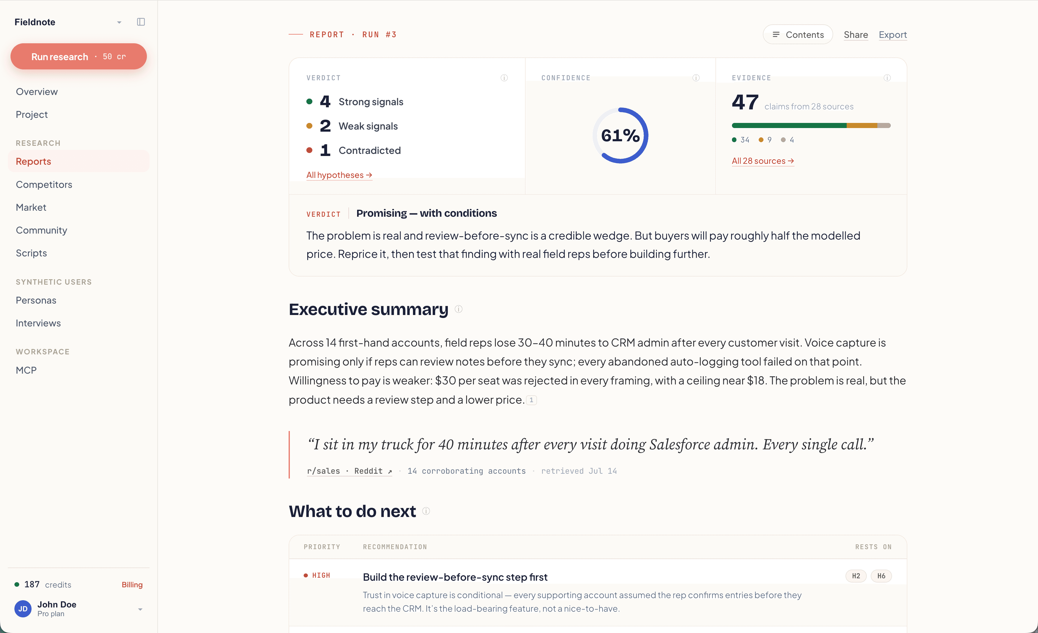 A Clien research report showing its verdict, confidence, evidence panels and executive summary